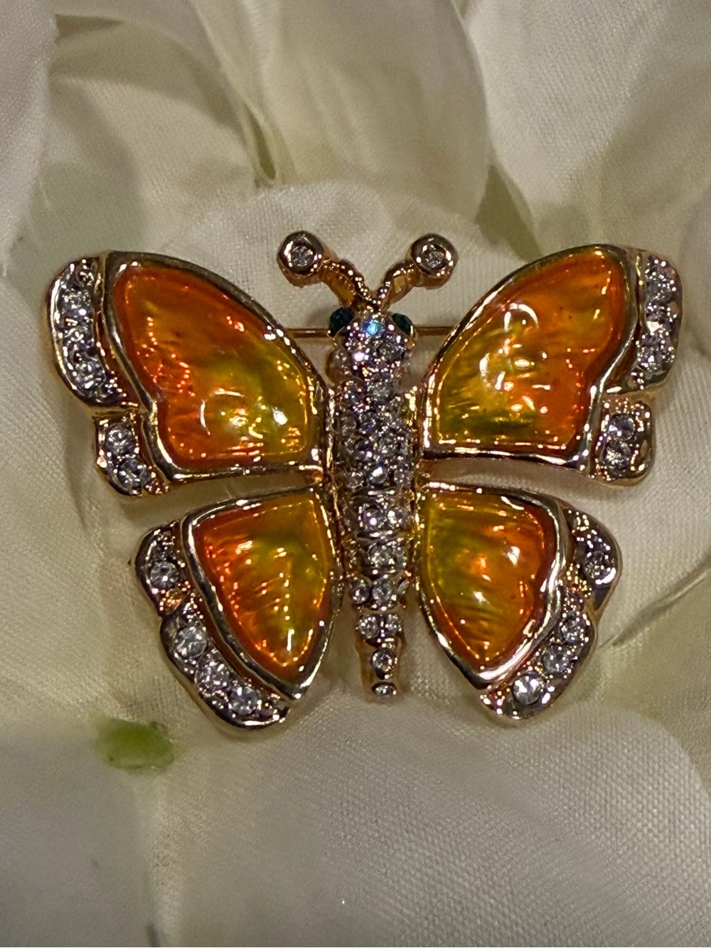 Vintage Ombre Orange Enamel Butterfly Brooch Pin - Rhinestone & Gold-Tone